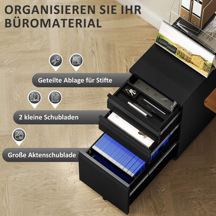 Mobile Lockable File Cabinet - 3 Drawers, Pen Compartment, Black