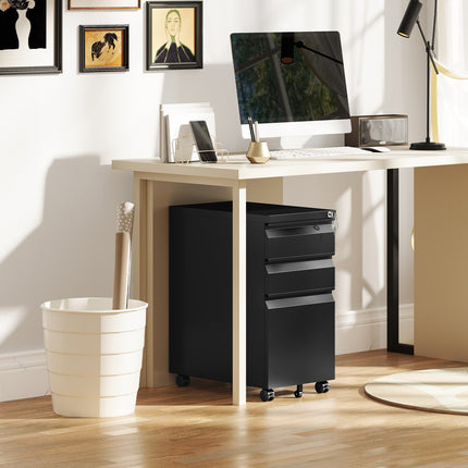 Mobile Lockable File Cabinet - 3 Drawers, Pen Compartment, Black