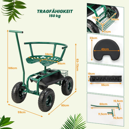 Rolling seat with wheels, 360° rotatable, height-adjustable, mobile garden seat, 90 x 59 x 106 cm, green