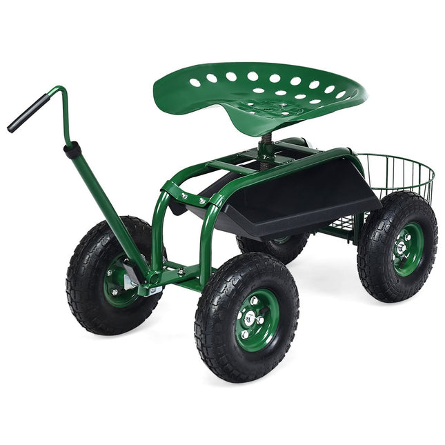 Rolling seat with wheels &amp; Extendable handle &amp; Basket 360° rotating garden cart garden seat 96.5 x 47.5 x 47-55 cm
