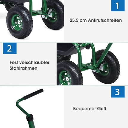 Rolling seat with wheels &amp; Extendable handle &amp; Basket 360° rotating garden cart garden seat 96.5 x 47.5 x 47-55 cm