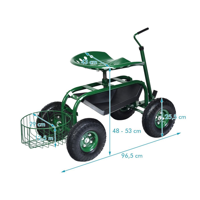 Rolling seat with wheels &amp; Extendable handle &amp; Basket 360° rotating garden cart garden seat 96.5 x 47.5 x 47-55 cm