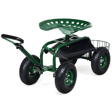 Rolling seat with wheels &amp; Extendable handle &amp; Basket 360° rotating garden cart garden seat 96.5 x 48.5 x 45.5-54.5 cm