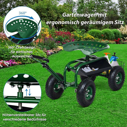 Rolling seat with wheels &amp; Extendable handle &amp; Basket 360° rotating garden cart garden seat 96.5 x 48.5 x 45.5-54.5 cm