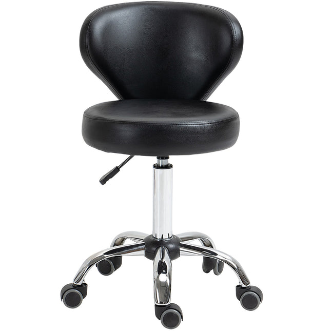 Stołek na kółkach Stołek do masażu - obrotowy stołek roboczy 360° - siedzisko z regulacją wysokości 49-64H cm, ergonomiczne oparcie - metal chromowany w czarnej okładce ze sztucznej skóry