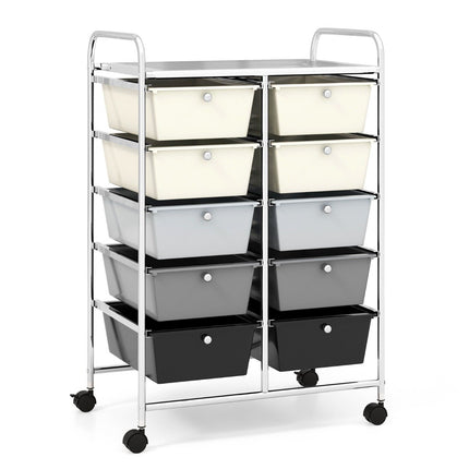 Rolling storage cart with 10 drawers sliding cart for tools & office supplies on wheels gray gradient