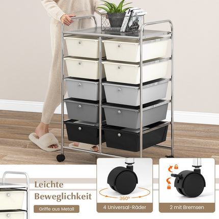 Rolling storage cart with 10 drawers sliding cart for tools & office supplies on wheels gray gradient