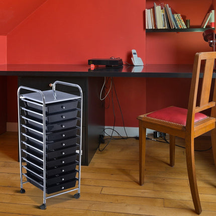 Rolling trolley, rolling container, bathroom trolley, bathroom trolley, side trolley with 10 drawers, black