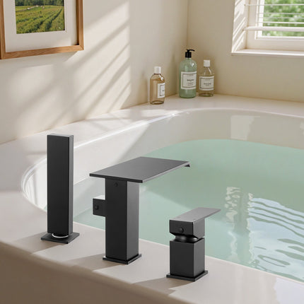 Roman Tub Faucet, Waterfall, Handheld Shower, Matte Black