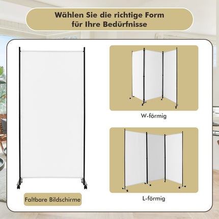 Room Divider on Wheels, 3 Panels, Foldable, White, 180 cm