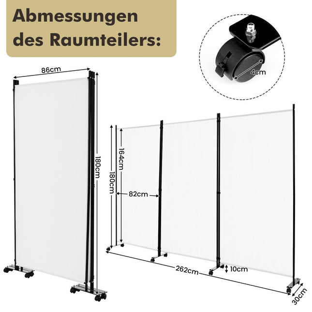 Room Divider on Wheels, 3 Panels, Foldable, White, 180 cm