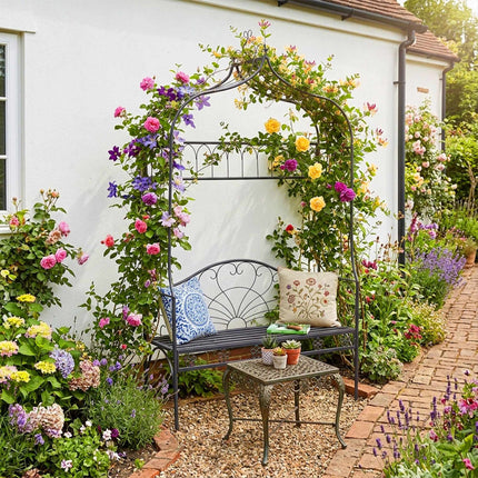Rose Arch With Bench – Black Metal Garden Trellis