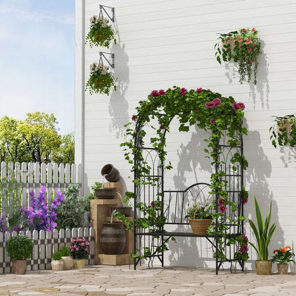 Metal garden arch with bench - Black, 121 x 50 x 203 cm