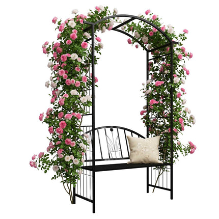 Rose Trellis Arch With Bench, Black Metal Garden Arbor