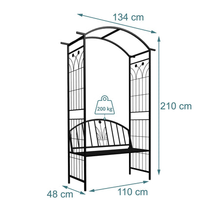 Rose Trellis Arch With Bench, Black Metal Garden Arbor