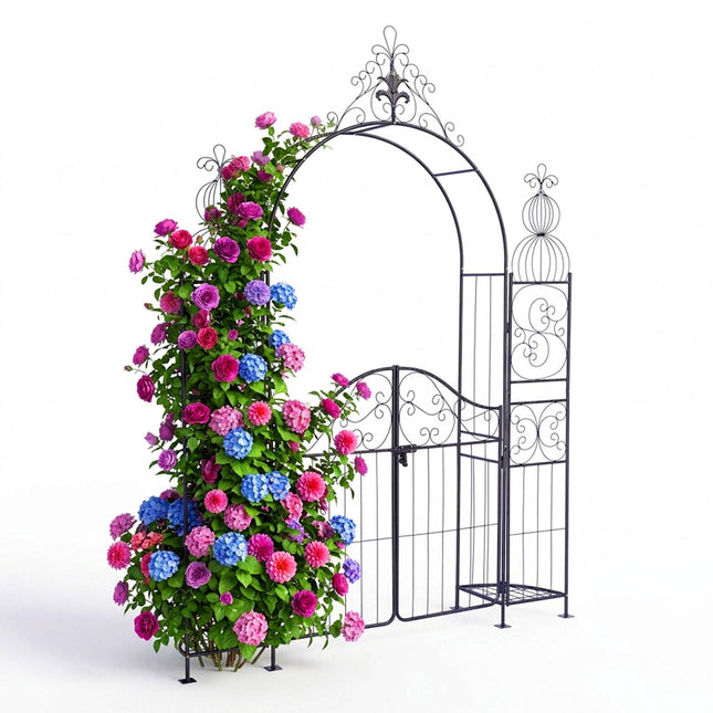 Rose Trellis Arch with Gate and Corner Shelves, Black Metal
