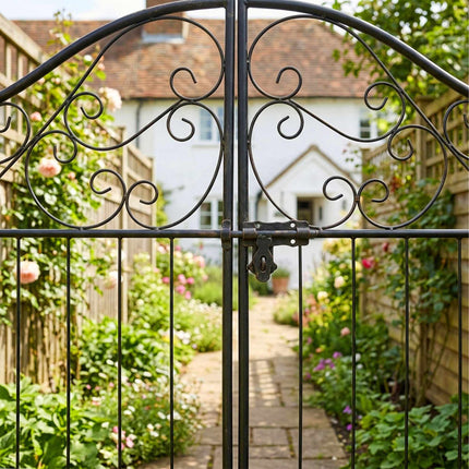 Rose Trellis Arch with Gate and Corner Shelves, Black Metal