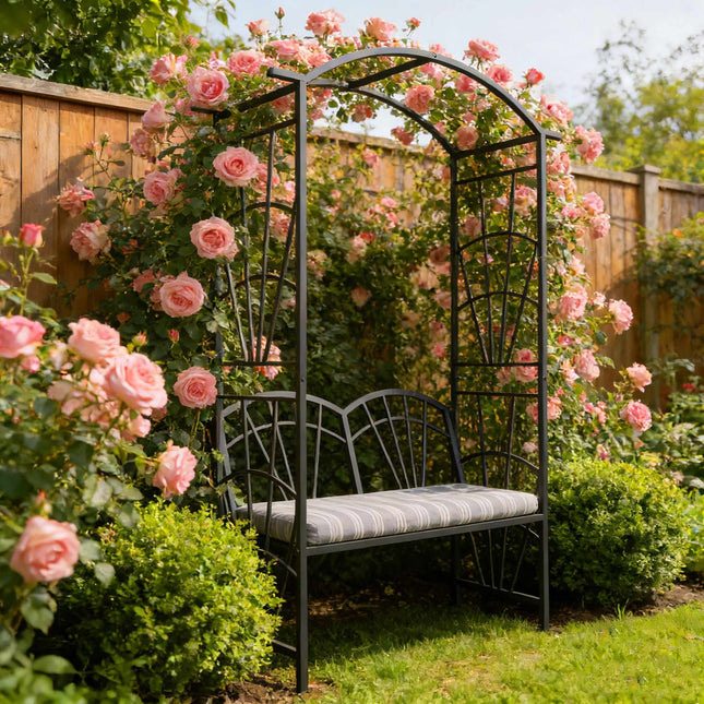 Rose Trellis Bench – Black Metal Arch for Climbers