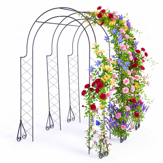 Rose Trellis Garden Arch, Black Metal, 3-Arch Design