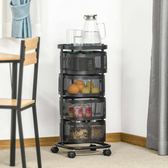 Rotating 4-Tier Kitchen Cart with Wheels, Black, 33x33x77 cm