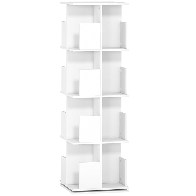 Draaibare boekenplank, 4 niveaus, 16 compartimenten, wit MDF