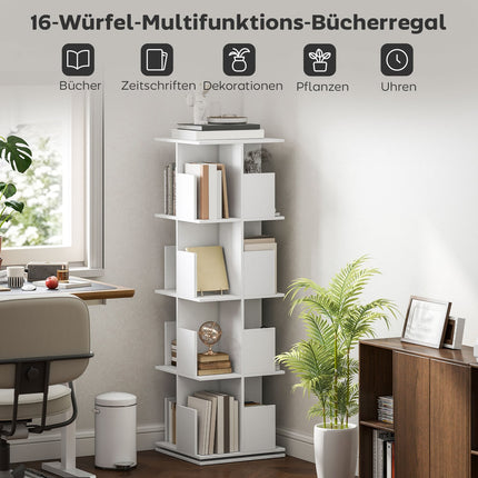 Rotating Bookshelf, 4 Tiers, 16 Compartments, White MDF