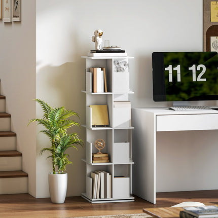 Rotating Bookshelf, 4 Tiers, 16 Compartments, White MDF