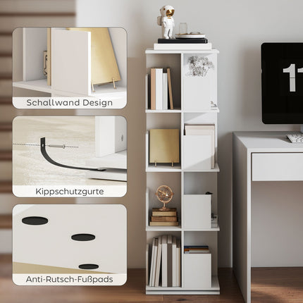 Rotating Bookshelf, 4 Tiers, 16 Compartments, White MDF