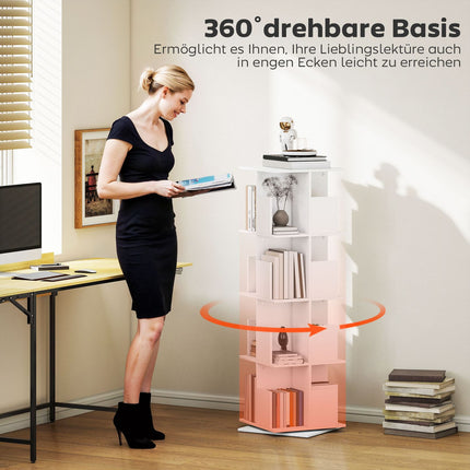 Rotating Bookshelf, 4 Tiers, 16 Compartments, White MDF