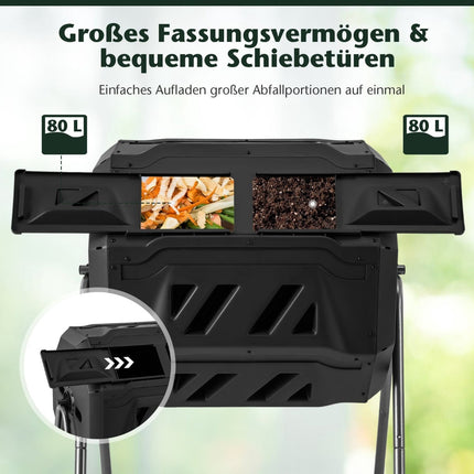 Rotating Dual Chamber Compost Bin, 160L, Black