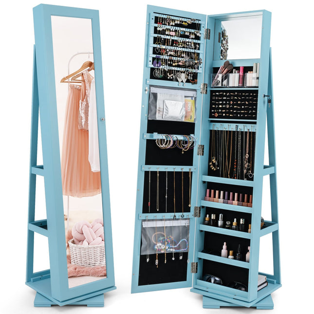 Rotating Jewelry Cabinet with Full-Length Mirror, Blue
