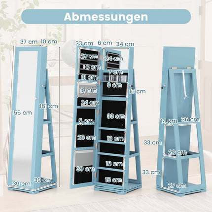 Rotating Jewelry Cabinet with Full-Length Mirror, Blue