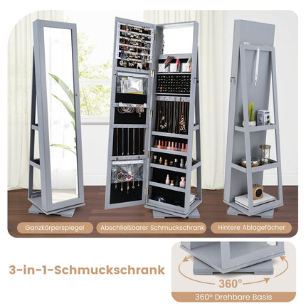Rotating Jewelry Cabinet with Full-Length Mirror, Gray