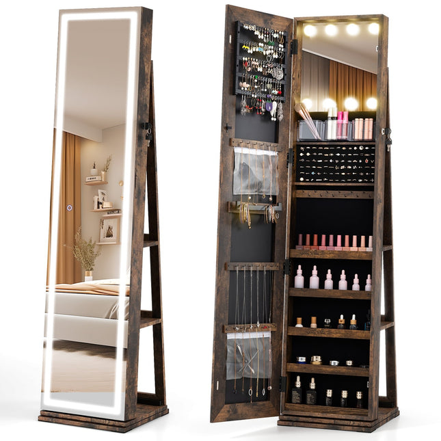 Rotating Jewelry Cabinet with LED Mirror and Storage