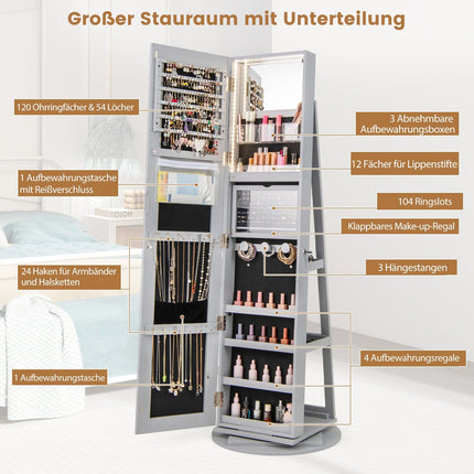 Rotating Jewelry Cabinet with Mirror, LED Lights, Lockable