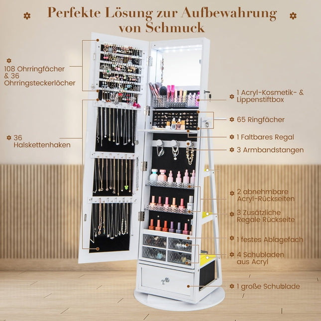 Rotating Jewelry Cabinet with Mirror, LED, Lock – 140x37 cm