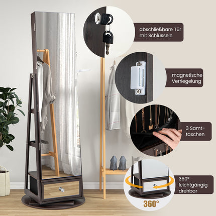 Rotating Jewelry Cabinet with Mirror, Lockable, LED Lights