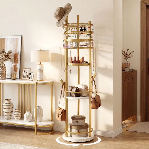 Rotating Jewelry Organizer Stand, 360 Swivel, Hooks, Shelves