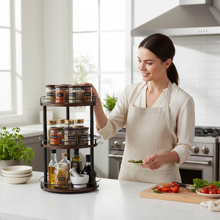 Rotating Spice Rack Carousel – 3-Tier Metal Organizer