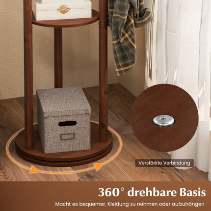 Rotating Wooden Coat Rack with 3 Shelves & 9 Hooks, Walnut