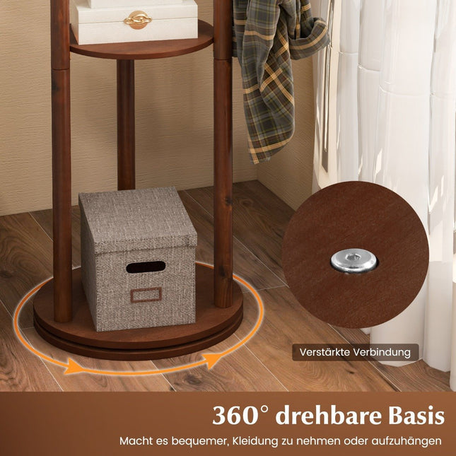 Rotating Wooden Coat Rack with 3 Shelves & 9 Hooks, Walnut
