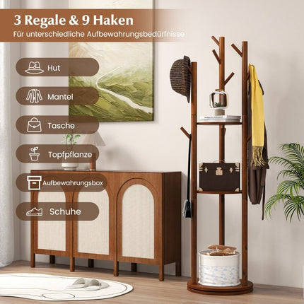 Rotating Wooden Coat Rack with 3 Shelves & 9 Hooks, Walnut