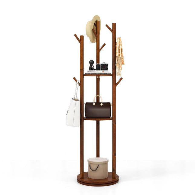 Rotating Wooden Coat Rack with 3 Shelves & 9 Hooks, Walnut
