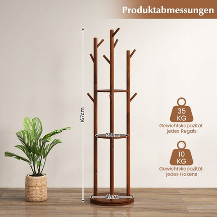 Rotating Wooden Coat Rack with 3 Shelves & 9 Hooks, Walnut
