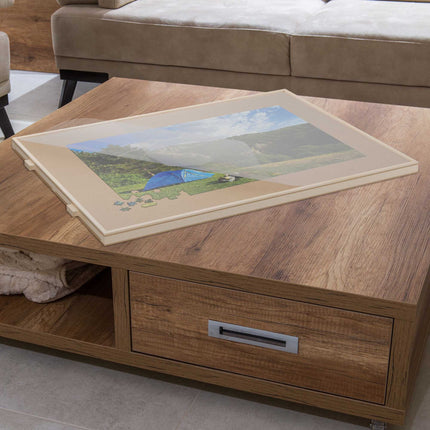 Rotating puzzle board with 4 drawers