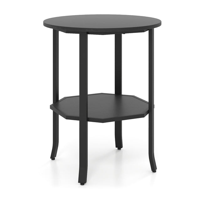 Ronde bijzettafel met twee niveaus en een plank, zwart metaal