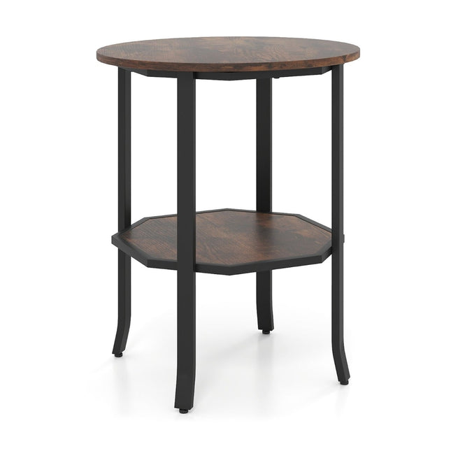Ronde bijzettafel met twee niveaus en een plank, rustiek bruin
