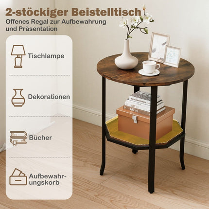 Round 2-Tier Side Table with Shelf, Rustic Brown