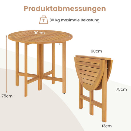 Round 90 cm Folding Acacia Wood Outdoor Dining Table