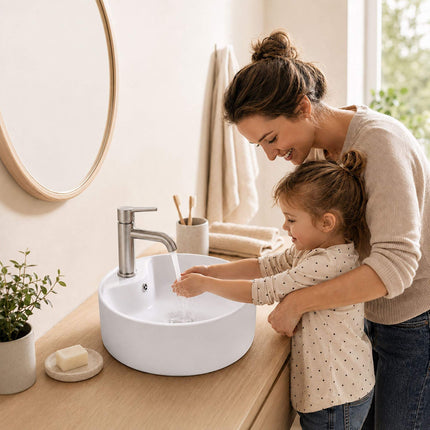 Round Ceramic Countertop Washbasin with Overflow, 41 cm